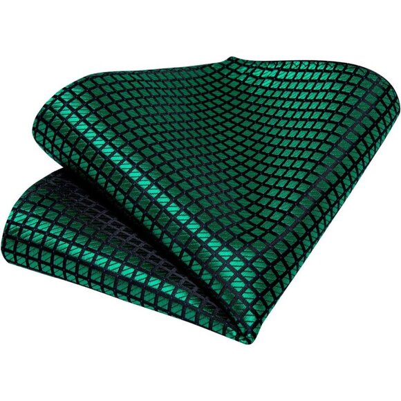 🆕Men Green Plaid Silk Checkered Necktie Pocket Square Cufflinks Tie Clip Set - Picture 6 of 6